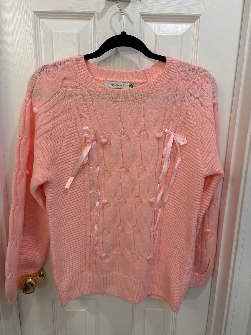 Francesca's Collections Light Pink Ribbon-Accent Cable Knit Sweater